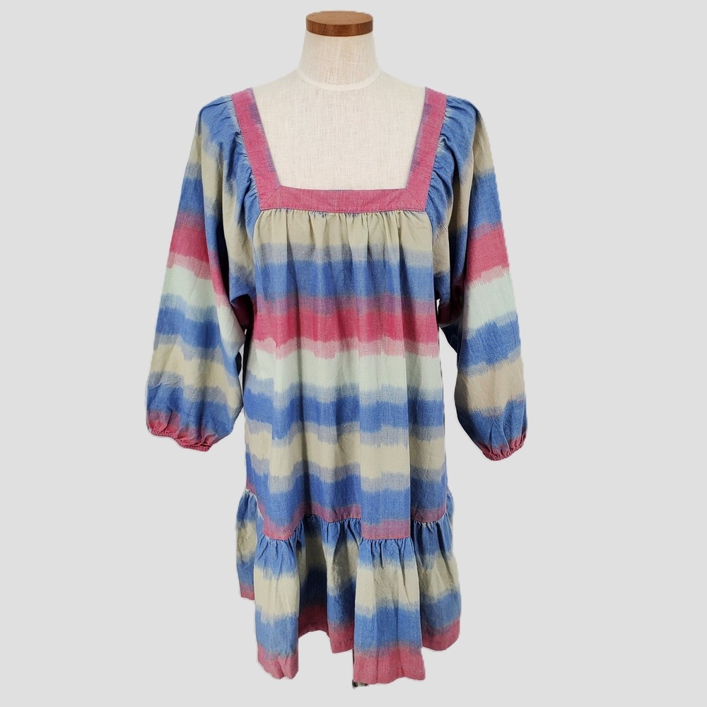 Outerknown Small Miro Dress Puff Sleeve Ruffle Organic Cotton Stripe Square Neck